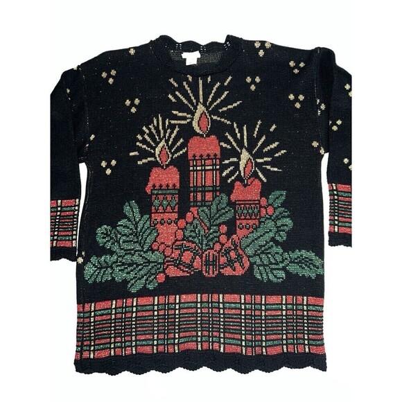 Christmas Knitted Sweater Black Candles Metallic Thread SZ Small Ugly Sweater - Picture 1 of 6